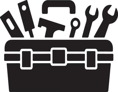 Silhouette of a toolbox filled with various tools isolated on white background vector