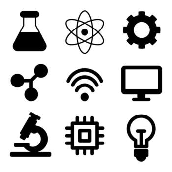 Illustration of diverse scientific icons. The icons represent different scientific concepts and technological elements vector