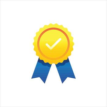 Single illustration of a golden award medal with a check mark and blue ribbon. Perfect for achievement, certification, guarantee, and quality badges. Easily customizable for web vector
