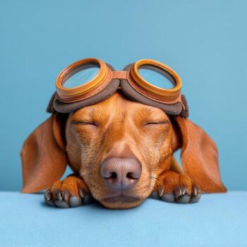 Smart dog sleeping with writer, sleepy, goggles photo