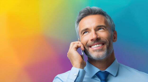 Happy business person using technology in corporate setting with happy, latin, work photo