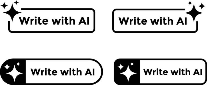 Write with ai button. Machine learning text generator. Rewrite artificial intelligence toggle. Generate tool design. Ai With stars icons vector
