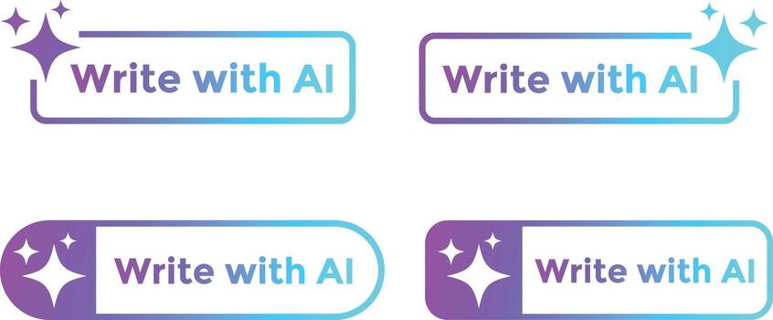 Write with ai button. Stars sparkle icon. Machine learning text generator. Chatbot assistant symbol. Generate tool design vector