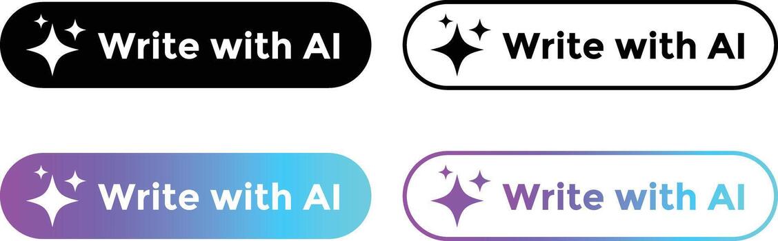 Write with ai button. Stars sparkle icons. Machine learning text generator. Chatbot assistant symbol. Generate tool design vector