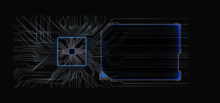 intrincado circuito patrones son iluminado en azul en contra un negro fondo, destacando un central pastilla y un adyacente vacío rectangular área, ideal para representando tecnológico conceptos. vector