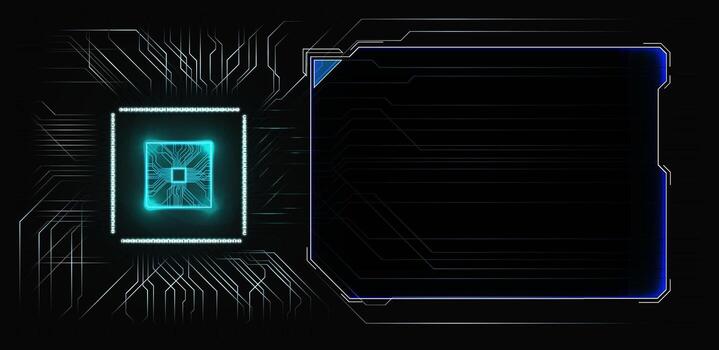 A futuristic digital design showcases a glowing microchip set against a dark circuit board background. A blank area is provided for text or graphics. vector
