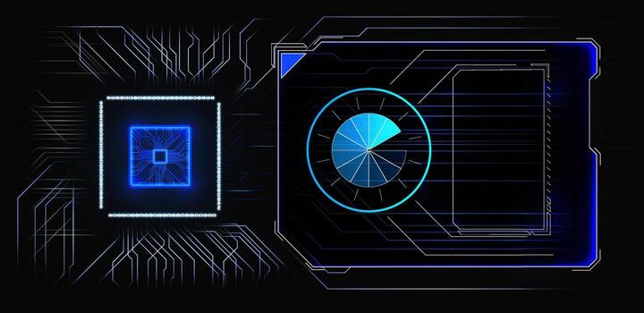 A futuristic digital circuit design features a blue processor graphic alongside a pie chart. This composition represents technology, data processing, and modern electronics in a sleek format. vector