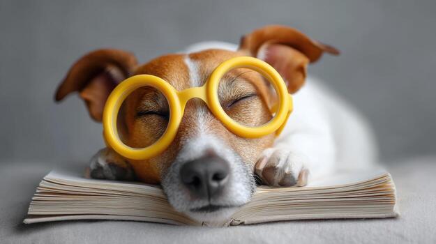 Smart dog sleeping with funny, notebook, writer photo