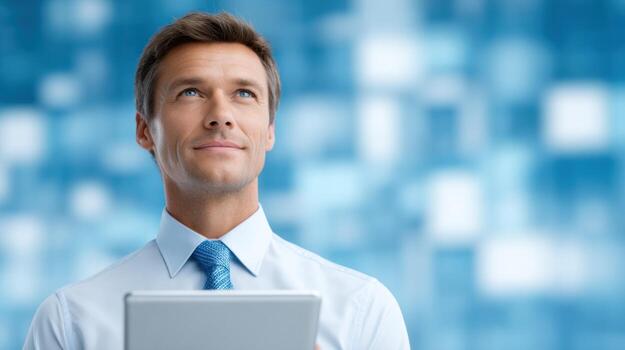 Happy business person using technology in corporate setting with pad, marketing, racked photo