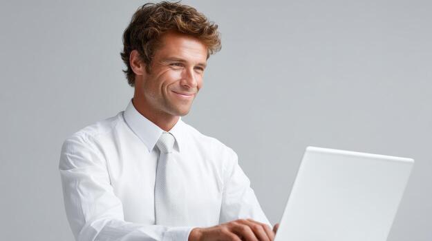 Happy business person using technology in corporate setting with old, bank, computer photo