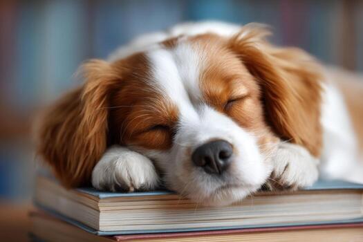 Smart dog sleeping with writer, library, student photo