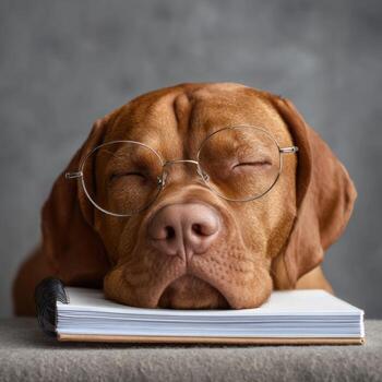 Smart dog sleeping with cognition, notebook, pupil photo