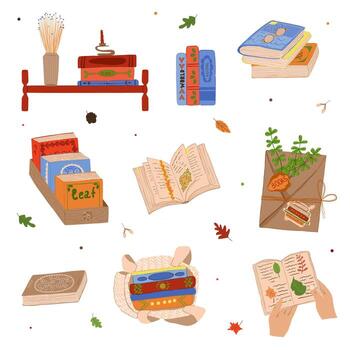 colección de libros con acogedor otoño elementos. estante con libros, apilar de libros, abierto páginas, abierto bolso con libros, sellado libro embalaje, leyendo y educación tema, otoño hojas, pino cono vector