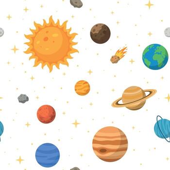 Solar System Seamless Pattern with Planets, Sun, Stars and Comets on White Background vector