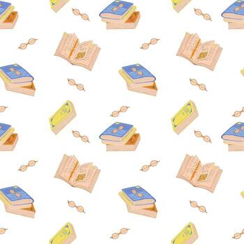 Cute seamless pattern with books, stacks of books, open book, glasses, hand drawn on white background. Cozy autumn pattern for book lovers vector