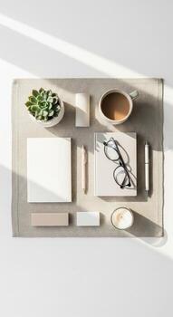 Minimalist Workspace Flat Lay with Coffee and Succulent photo