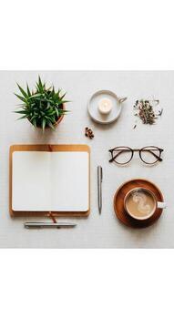 Mindful Morning Routine Flat Lay with Coffee and Blank Journal photo