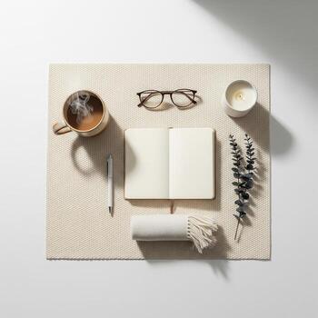 Cozy Workspace Flat Lay with Coffee and Notebook photo