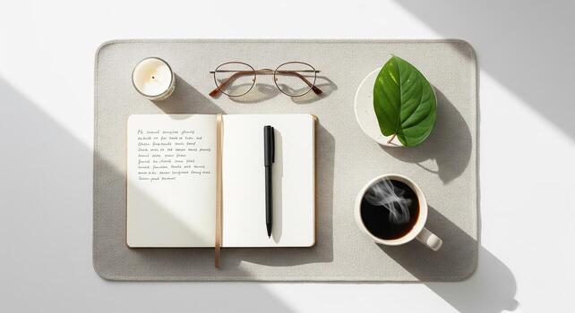 Minimalist Workspace with Coffee, Notebook, and Leaf photo