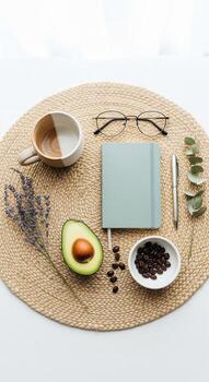Mindful Morning Routine Flat Lay with Journal, Coffee, and Avocado photo