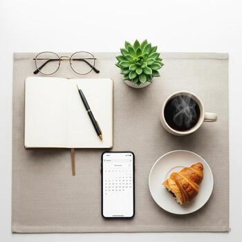 Workspace with Coffee, Croissant, and Calendar photo