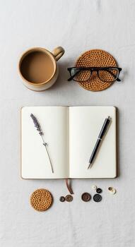 Flat Lay of Coffee, Notebook, and Lavender photo