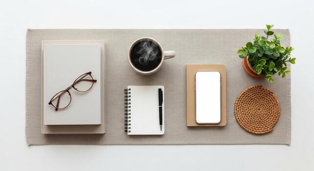Top View of a Minimalist Workspace with Coffee, Smartphone, and Notebook photo