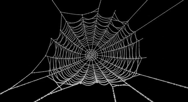 Spiderweb with Dew Drops on Black Background. photo