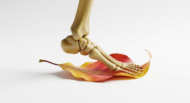 Skeleton Foot on Autumn Leaf Conceptual Image. photo