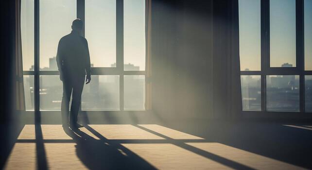 Silhouette of Man Looking Out Window. photo