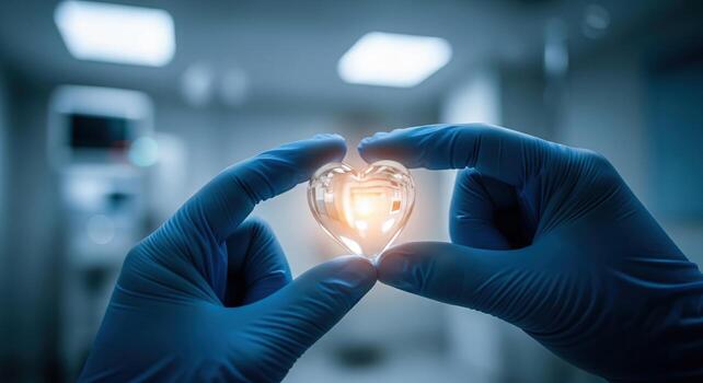 Scientist Holds Glowing Heart Symbol in Laboratory. photo