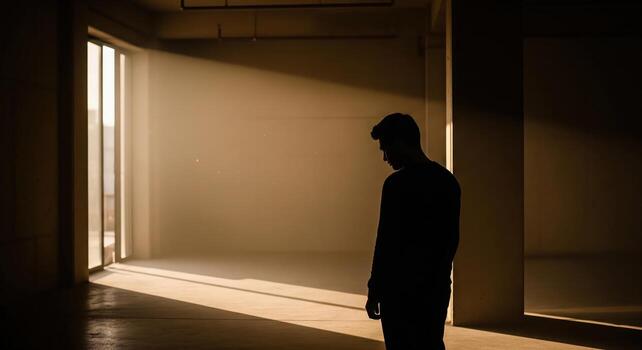 Sad lonely man silhouetted in a dark empty room with sunlight. photo