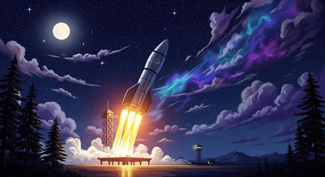 Rocket Launching into Starry Night Sky with Aurora Borealis and Full Moon. photo
