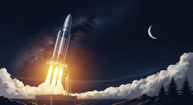 cohete lanzamiento a noche espacio exploración. foto