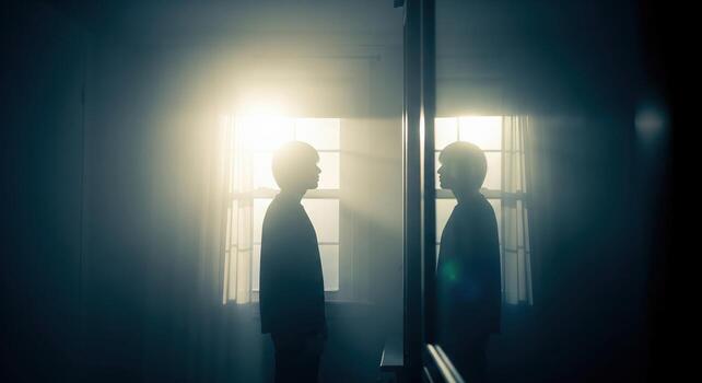 Reflection in Mirror with Silhouette Figure. photo