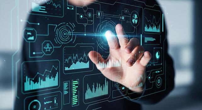 Person Interacting with Futuristic Digital Data Interface. photo