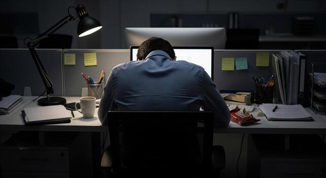 Overworked Man at Computer in Dark Office Late at Night. photo