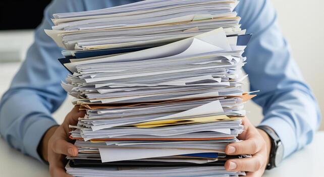 Overwhelmed with Paperwork Man Holding Huge Stack of Documents. photo
