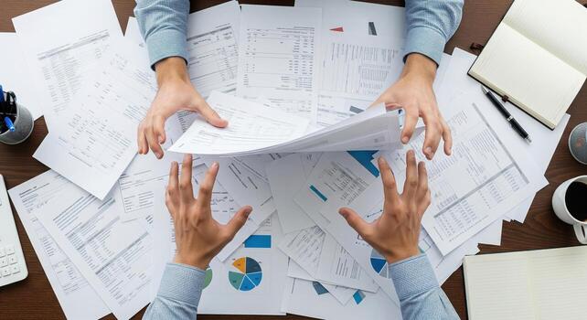 abrumado con papeleo manos clasificación mediante financiero documentos y informes. foto