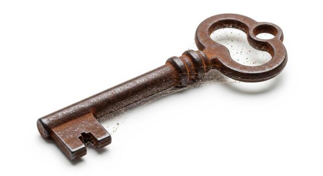 Old rusty skeleton key with cobwebs isolated on a white background. photo