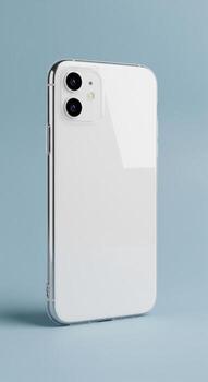 Modern White Smartphone with Clear Protective Case on Blue Background. photo