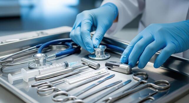 Medical Instruments on Tray Healthcare Tools. photo