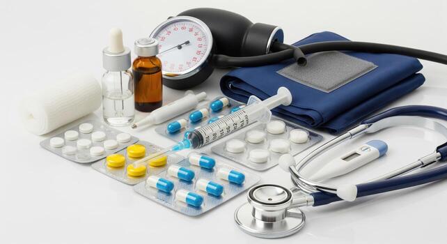 Medical Equipment Still Life on White Background. photo