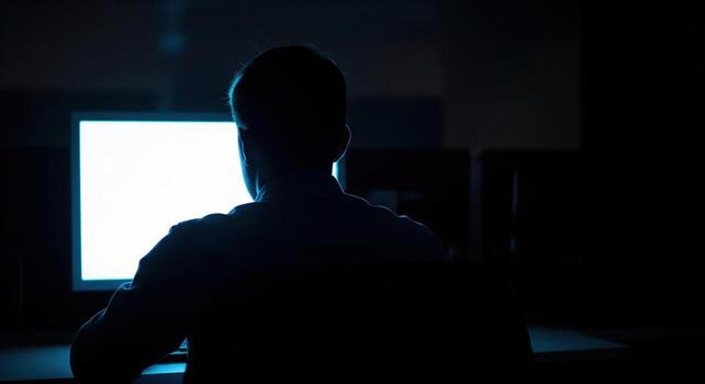 Man Working Late at Night on Computer. photo