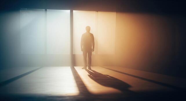 Man Silhouette Standing in Luminous Room with Dramatic Light and Shadows. photo