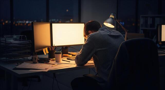 Man Working Late at Night in a Dark Office. photo