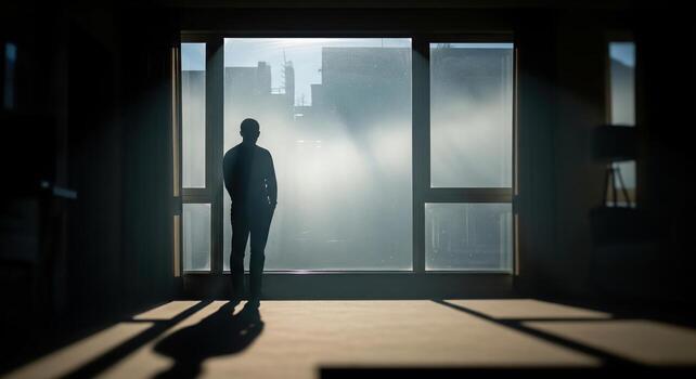 Man Contemplating Through Window. photo