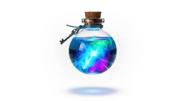 Magical Potion in Glass Bottle with Key. photo