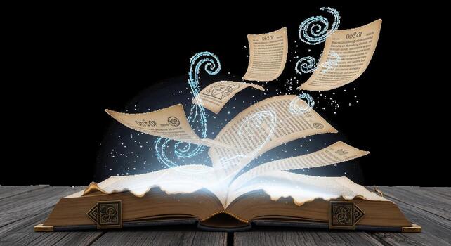 Magical Ancient Book with Glowing Pages and Flying Scrolls. photo