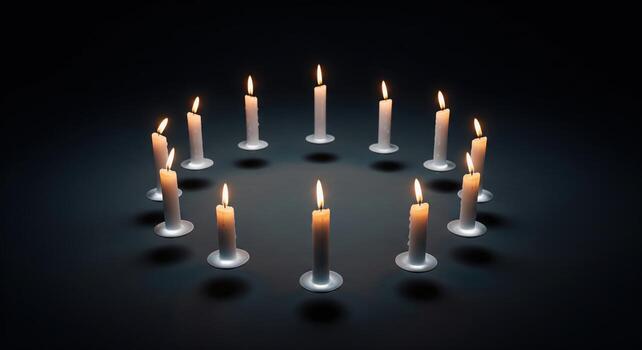 Lit Candles Arranged in a Circle on Dark Background. photo
